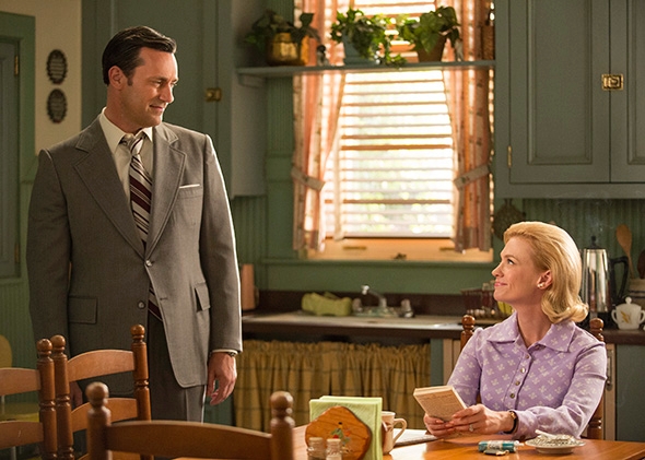 Jon Hamm as Don Draper and January Jones as Betty Francis, Mad M,Jon Hamm as Don Draper and January Jones as Betty Francis, Mad Men, Season 7B, Episode 12.