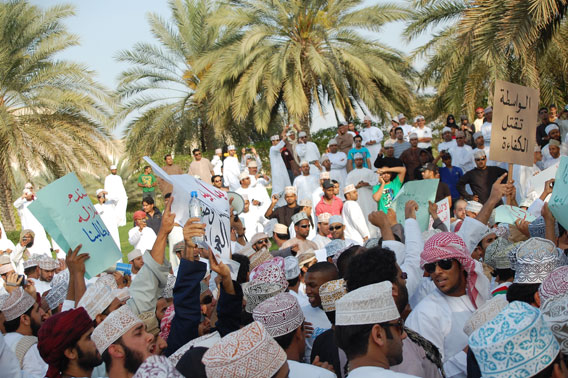 Some of the 350 protesters who marched through the Omani capital of Muscat Friday.