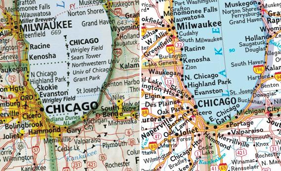 Left: Imus map of Chicago. Right: National Geographic map of Chicago