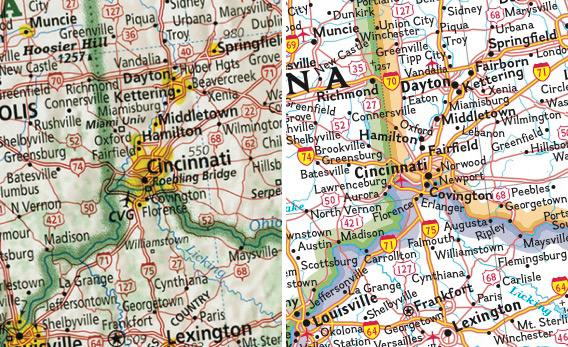 Left: Imus map of Cincinnati. Right: National Geographic map of Cincinnati