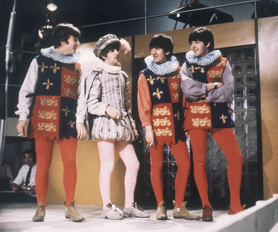 The Beatles rehearse for their forthcoming television show at Wembley Studios, London, April 1964.