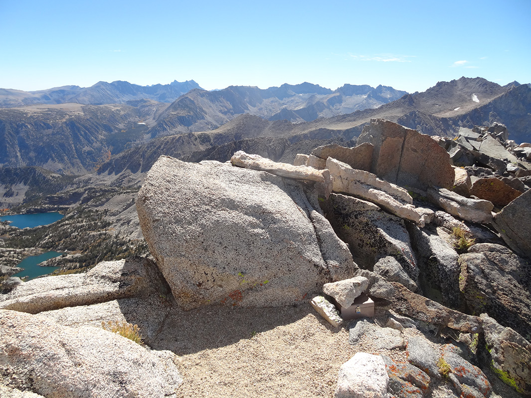 The group's recycled register box in situ on the summit of &quot;Mount Thoreau,&quot; looking southeast.