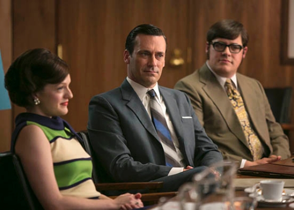 Elisabeth Moss as Peggy Olson, Jon Hamm as Don Draper and Rich Sommer as Harry Crane.