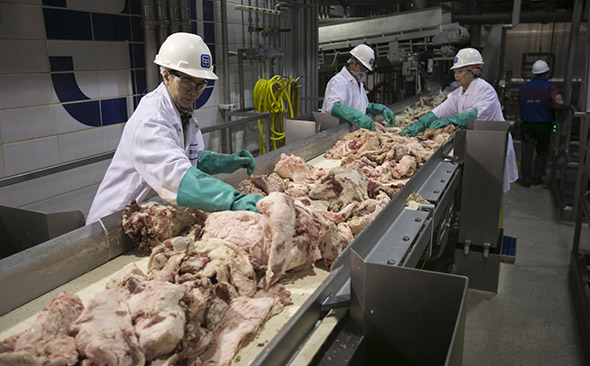 Plant workers produce lean, finely textured beef (LFTB) at a beef products manufacturing facility in South Sioux City, Nebraska November 19, 2012.