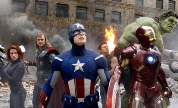 Scarlett Johansson, Chris Hemsworth, Chris Evans, Jeremy Renner, Robert Downey Jr., and Mark Ruffalo in The Avengers.