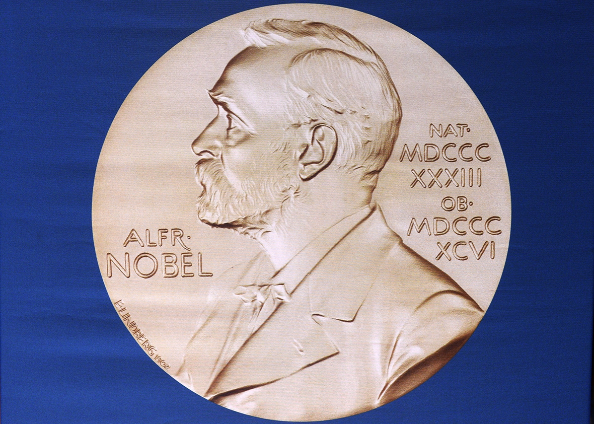 The laureate medal featuring the portrait of Alfred Nobel is seen before a press conference of the Nobel Committee to announce the winner of the 2015 Nobel Medicine Prize on October 5, 2015 at the Karolinska Institutet in Stockholm, Sweden. 