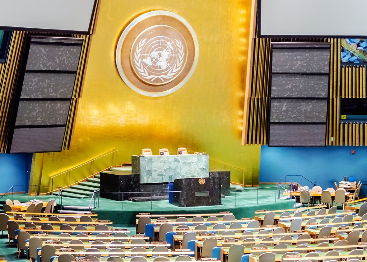 The General Assembly Hall is the largest room in the United Nations with seating capacity for over 1,800 people. May 28, 2013 in Manhattan, New York City.