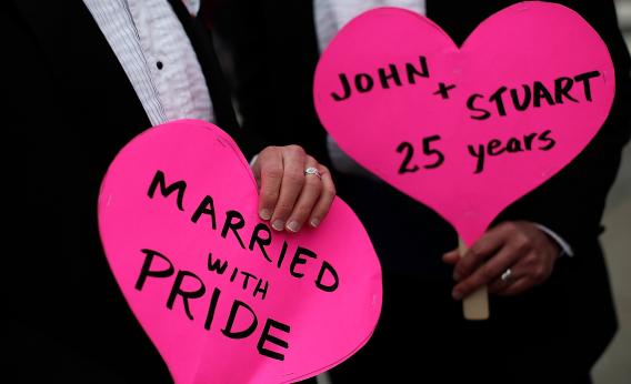 A gay couple demonstrating for same-sex marriage at the U.S. Supreme Court, March 26, 2013.