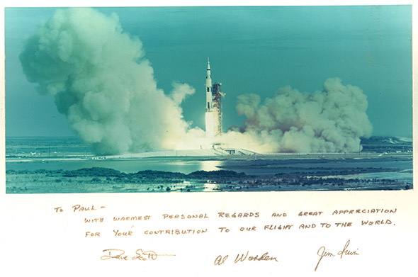 Autographed photo of the Apollo 15 launch signed by the crew, given as a gift for Van Hoeydonck, 1971.