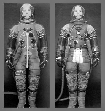 The suit on the left was worn by all crewmembers prior to Apollo 15 and by the Apollo 15-17 Command Module Pilots.