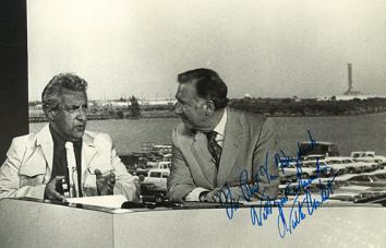 Van Hoeydonck with CBS correspondent Walter Cronkite, who announced that a Van Hoeydonck is the first art on the moon in Cape Kennedy moments after the Apollo 16 blast off. 