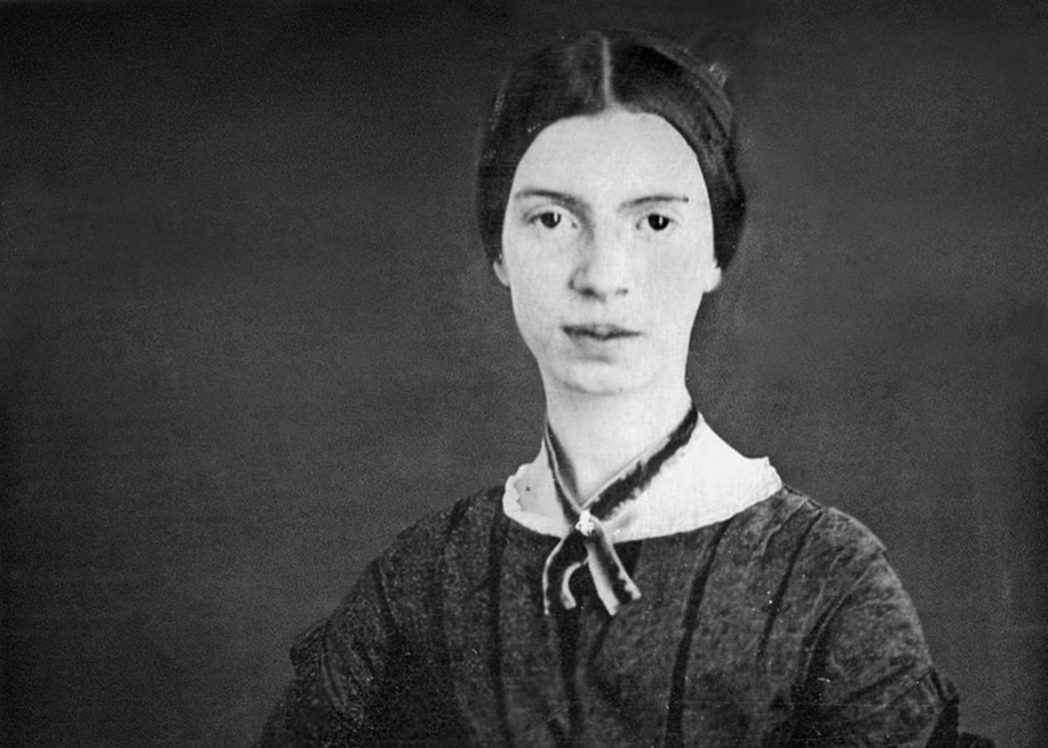 Digitally restored black and white daguerrotype of Emily Dickinson, c. early 1847.