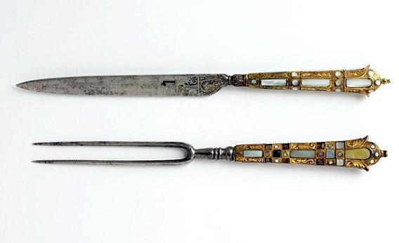 Steel French forks dating from the late 1500s to the early 1600s, with mother-of-pearl and beads.