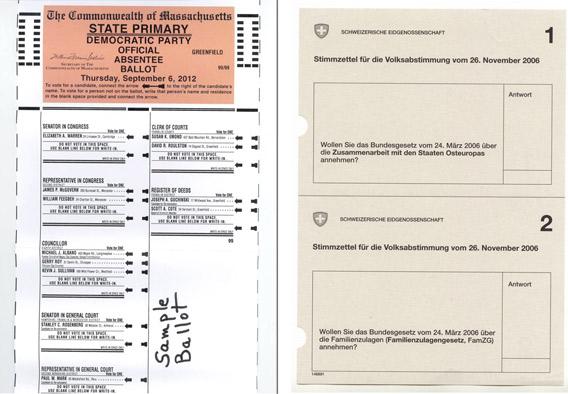 Massachussetts' state primary Democratic ballot, 2012; Swiss ballot for the popular referendum on November 2006.