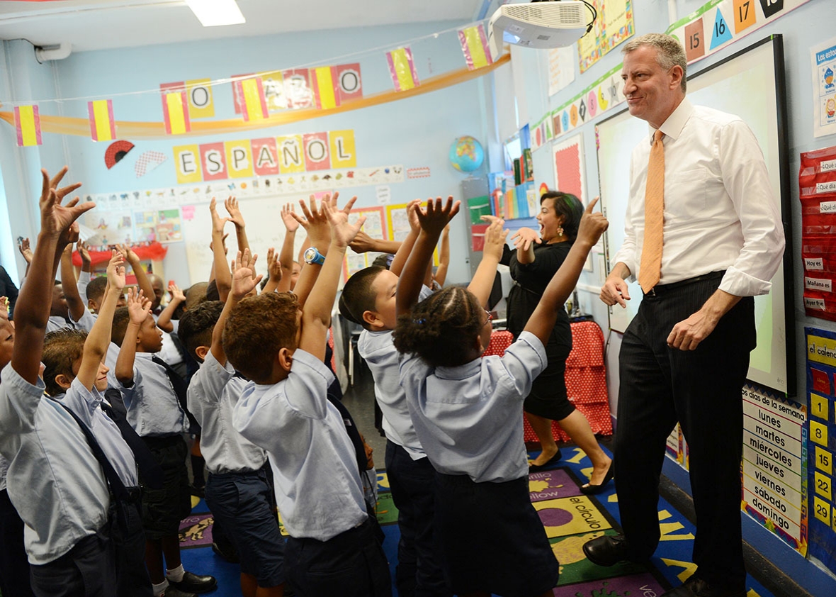 New York Mayor Bill de Blasio visits a second grade Spanish clas