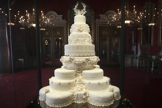 The part original part replica royal wedding cake of Britain's Prince William and his wife Catherine, Duchess of Cambridge, is seen as an exhibition is prepared at Buckingham Palace in London July 20, 2011.