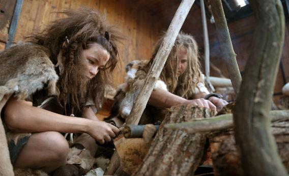 Volunteers dressed as cavemen at the Warsaw zoo.