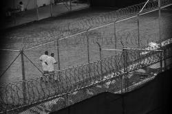 Detainees jog inside a recreation yard at Camp 6 in the Guantanamo Bay detention center on March 30, 2010 in Guantanamo Bay, Cuba. 