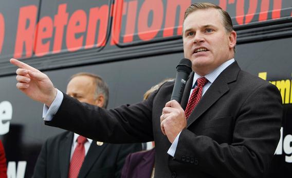 Brian Brown, of the National Organization for Marriage, speaks during a rally before a bus tour through the state to convince voters to remove three state Supreme Court justices who joined in a unanimous ruling legalizing same-sex marriages, Monday, Oct. 25, 2010, in Des Moines, Iowa.