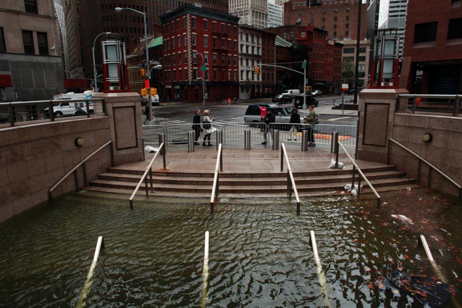 Water floods the Plaza Shops in the wake of Hurricane Sandy, on October 30, 2012 in Manhattan, New York.