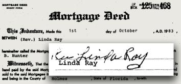 Una escritura de hipoteca de la Florida para "Rev.  Linda Ray ".