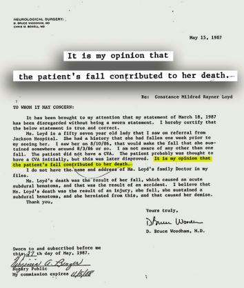27-DOC-WoodhamNeurologicalDrNote_TONED-JLCrop Una carta del Dr. D. Bruce Woodham en el expediente del médico forense por Mildred Markham (también conocido como Constanza Mildred Rayner Loyd).