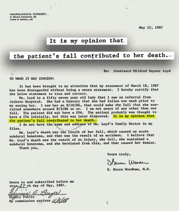 A letter from Dr. D. Bruce Woodham in the medical examiner&rsquo;s file for Mildred Markham (aka Constance Mildred Rayner Loyd).