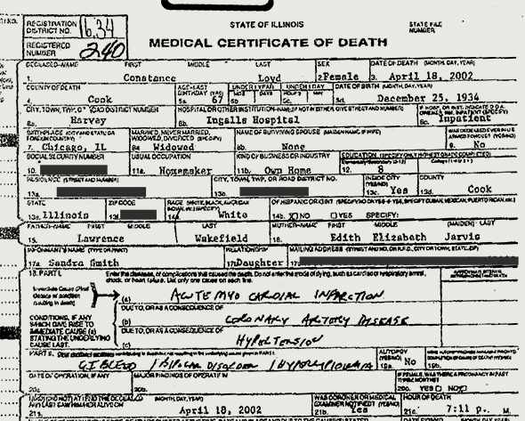 The death certificate for Linda Taylor (aka Constance Loyd).