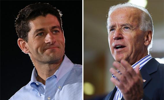 Rep. Paul Ryan, left, (R-WI) speaks during a campaign rally on October 4, 2012 in Fishersville, Virginia. Joe Biden.