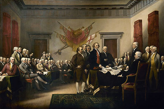 John Trumbull's painting, Declaration of Independence, depicting the five-man drafting committee of the Declaration of Independence presenting their work to the Congress.