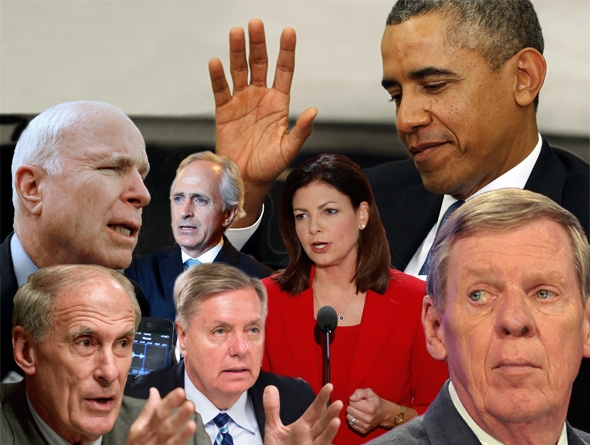 Clockwise, from left to right: Senator John McCain (R-AZ), Senator Bob Corker (R-TN), Senator Kelly Ayotte (R-NH), President Barack Obama, Senator Johnny Isakson, Sen. Lindsey Graham, R-S.C., and Joint Economic Committee member Sen. Dan Coats (R-IN).