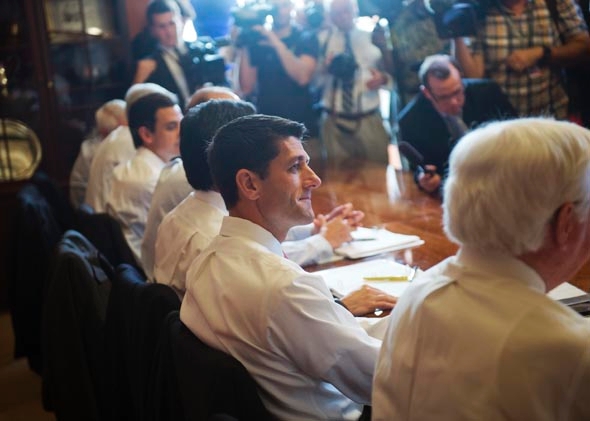 Rep. Paul Ryan, R-Wisc., attends a news conference with House Majority Leader Eric Cantor, R-Va., and others in the Capitol on the continuing resolution.