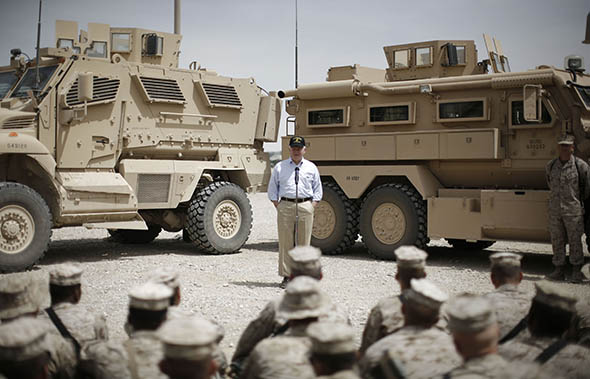 Then&ndash;Secretary of Defense Robert Gates conducts a town hall meeting with U.S. troops at the Forward Operating Base Bastion in  Afghanistan, on May 7, 2009.
