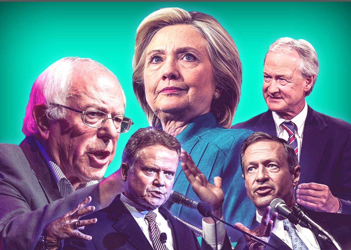 Democratic presidential candidates Bernie Sanders, Jim Webb, Hillary Clinton, Martin O&rsquo;Malley, and Lincoln Chafee.