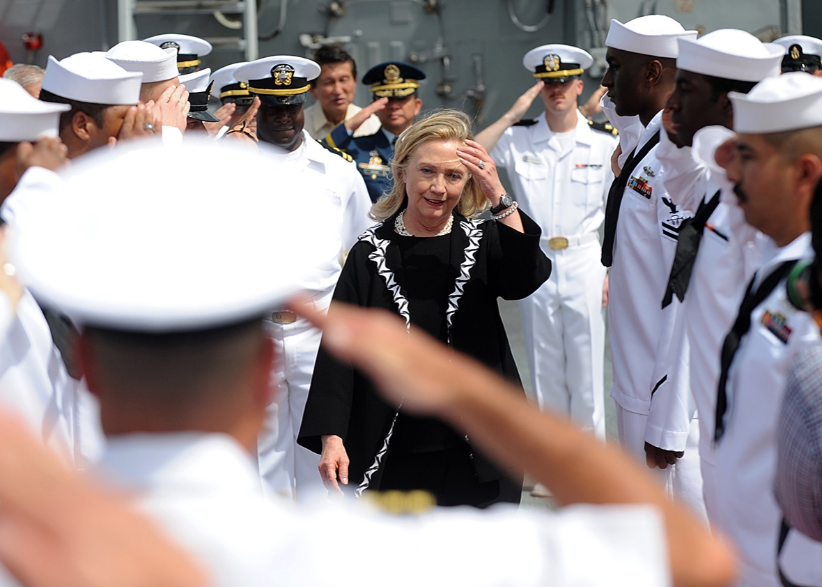 Secretary of State Hillary Clinton aboard the USS Fitzgerald, a U.S. Navy destroyer docked at the Manila bay, on Nov. 16, 2011.