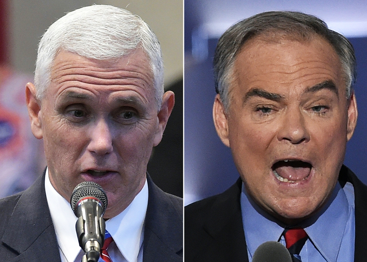 This combination of pictures created on October 3, 2016 shows Republican Vice Presidential nominee and running mate Mike Pence speaking during the Midwest Vision and Values Pastors and Leadership Conference at the New Spirit Revival Center in Cleveland Heights, Ohio on September 21, 2016,and US Democratic Nominee for Vice President Tim Kaine speaking during the Democratic National Convention at the Wells Fargo Center in Philadelphia, Pennsylvania, July 27, 2016.