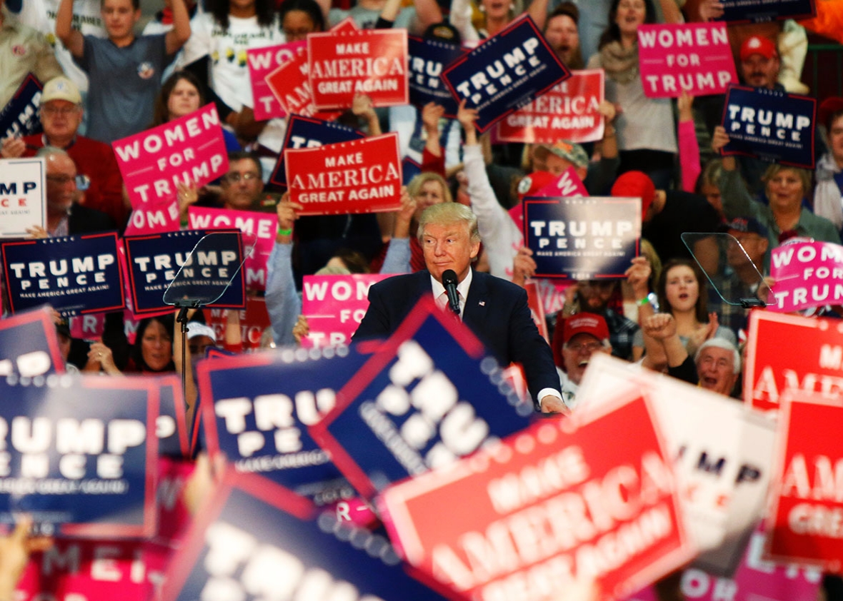 US Republican presidential candidate Donald Trump speaks at a rally at The Champions Center Expo in Springfield, Ohio, on October 27, 2016. 