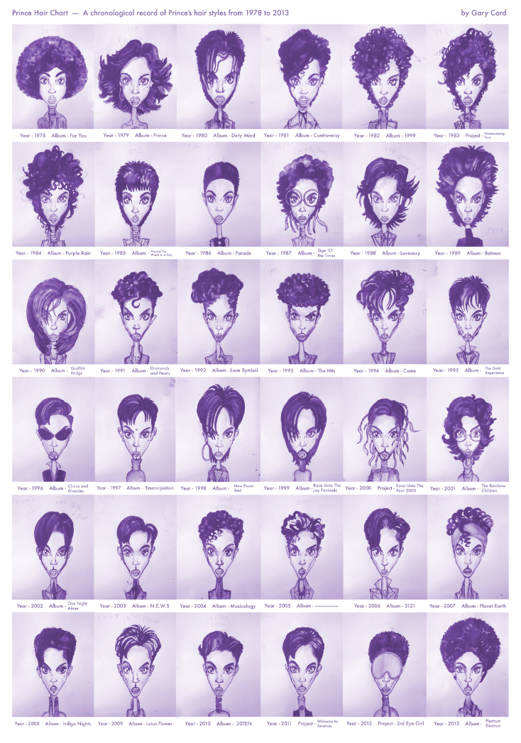 Prince hairstyles: Every hairdo from 1978 to 2013, in one illustrated chart  and GIF by Gary Card.