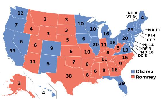 Electoral college map for the 2012 United States presidential election. Electoral college map for the 2012 United States presidential election.