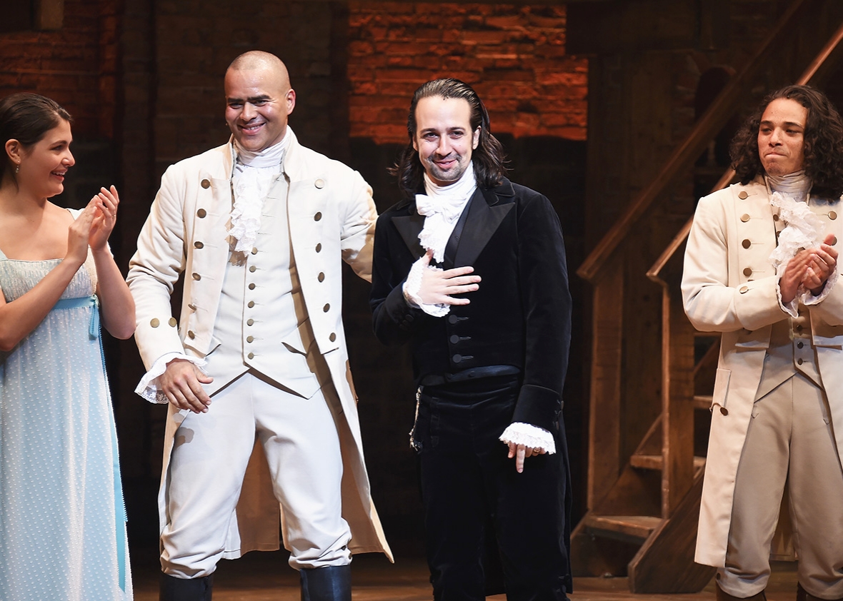 Phillipa Soo, Christopher Jackson, Lin-Manuel Miranda and Anthony Ramos attend Lin-Manuel Miranda's final performance of &quot;Hamilton&quot; on Broadway at Richard Rodgers Theatre on July 9, 2016 in New York City. 