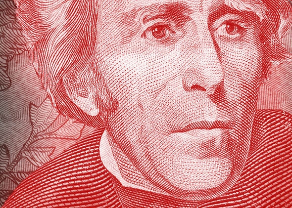 Close-up of Andrew Jackson on a US twenty dollar bill.