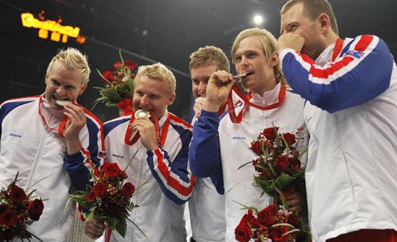 Members of the men's handball team of Iceland after receiving the silver medal of the 2008 Olympic Games on August 24, 2008 in Beijing. 