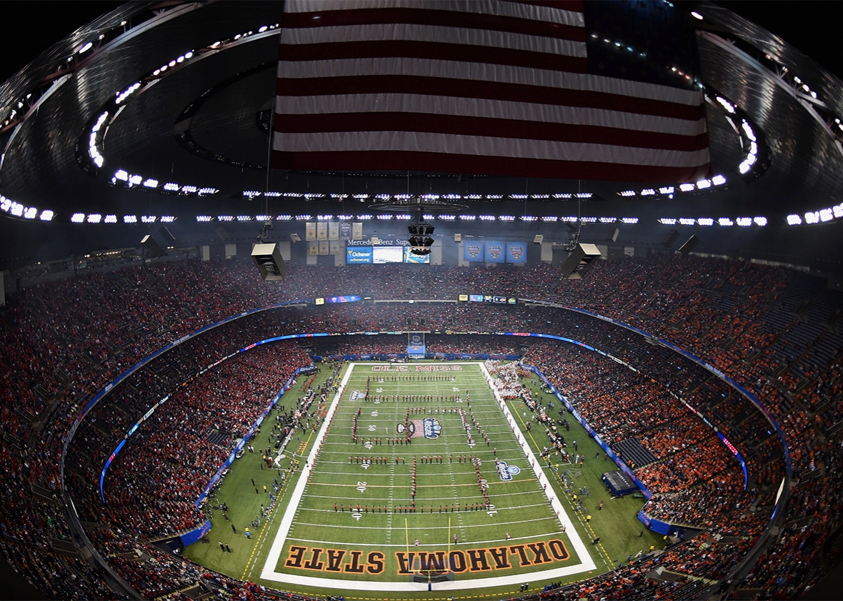 160503_HUAL_mercedes-benz-superdome A general view is seen during the first quarter as the Mississippi Rebels take on the Oklahoma State Cowboys during the Allstate Sugar Bowl at Mercedes-Benz Superdome on January 1, 2016 in New Orleans, Louisiana.