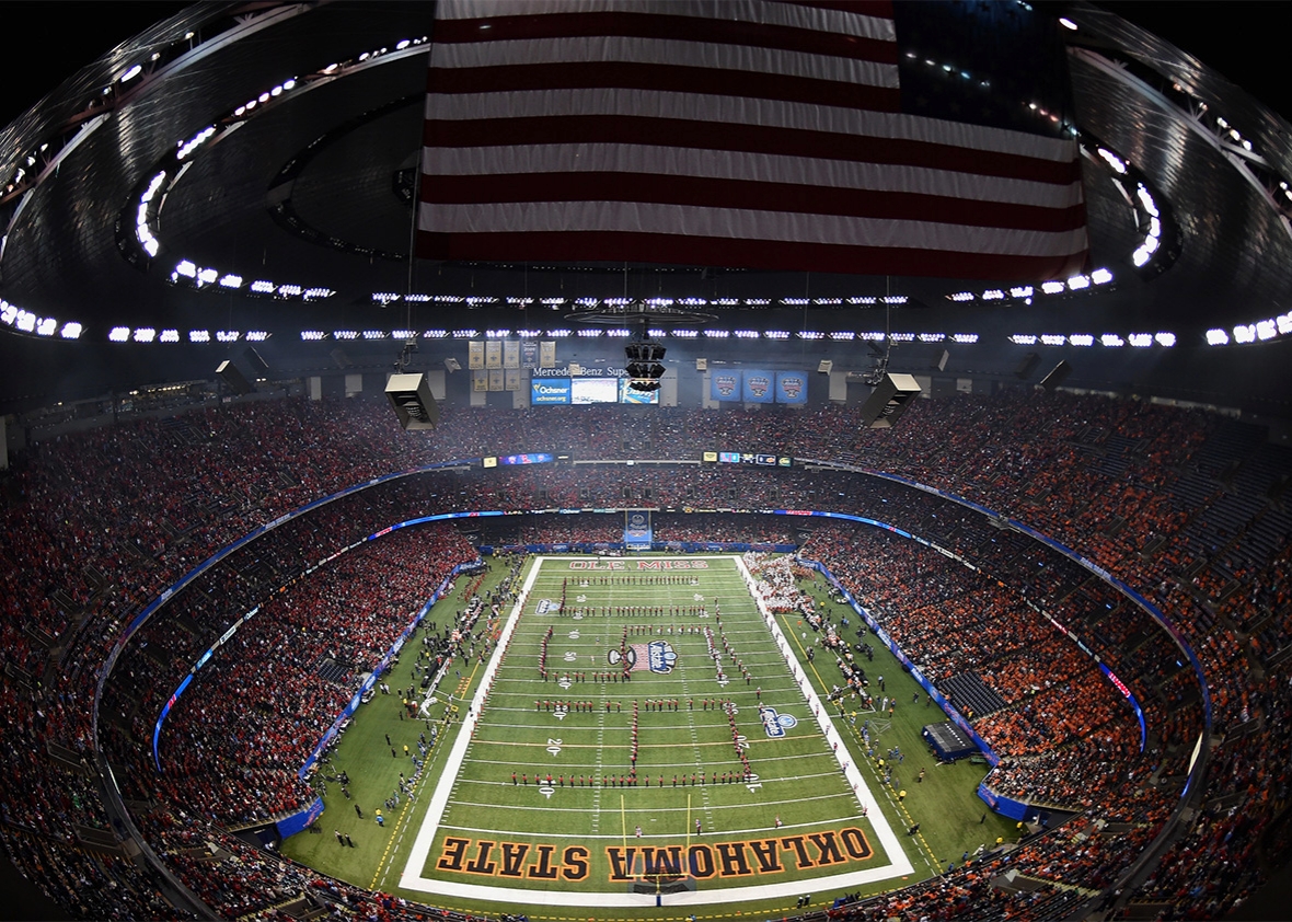 A general view is seen during the first quarter as the Mississippi Rebels take on the Oklahoma State Cowboys during the Allstate Sugar Bowl at Mercedes-Benz Superdome on January 1, 2016 in New Orleans, Louisiana. 