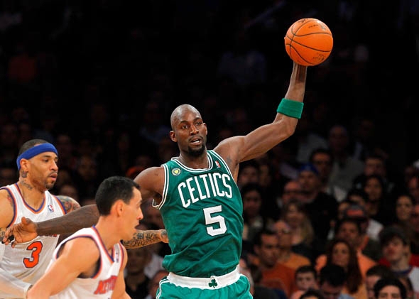 Kevin Garnett #5 of the Boston Celtics in action against the New York Knicks during Game Five of the Eastern Conference Quarterfinals of the 2013 NBA Playoffs on May 1, 2013 at Madison Square Garden in New York City. 