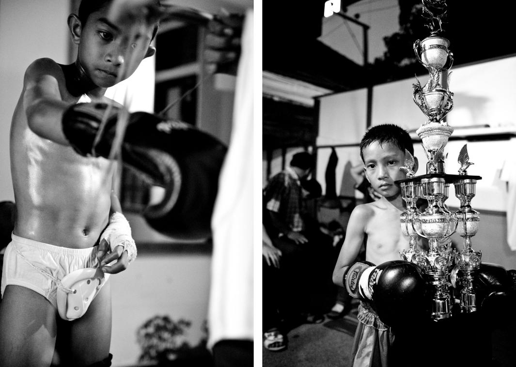 Left: The coach binds a boy the boxing gloves. Right: Tountong with a trophy after he has won the boxing match against Bank. 