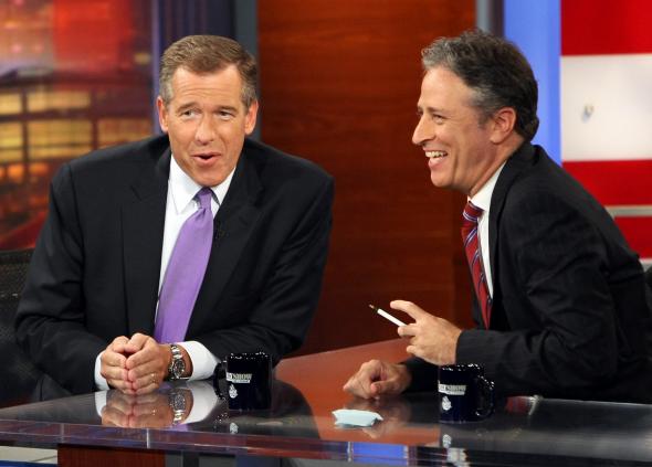 Brian Williams and Jon Stewart during a taping of The Daily Show in 2008.