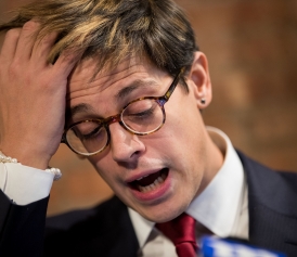 Milo Yiannopoulos announces his resignation from <em>Brietbart News </em>during a press conference Tuesday in New York City.