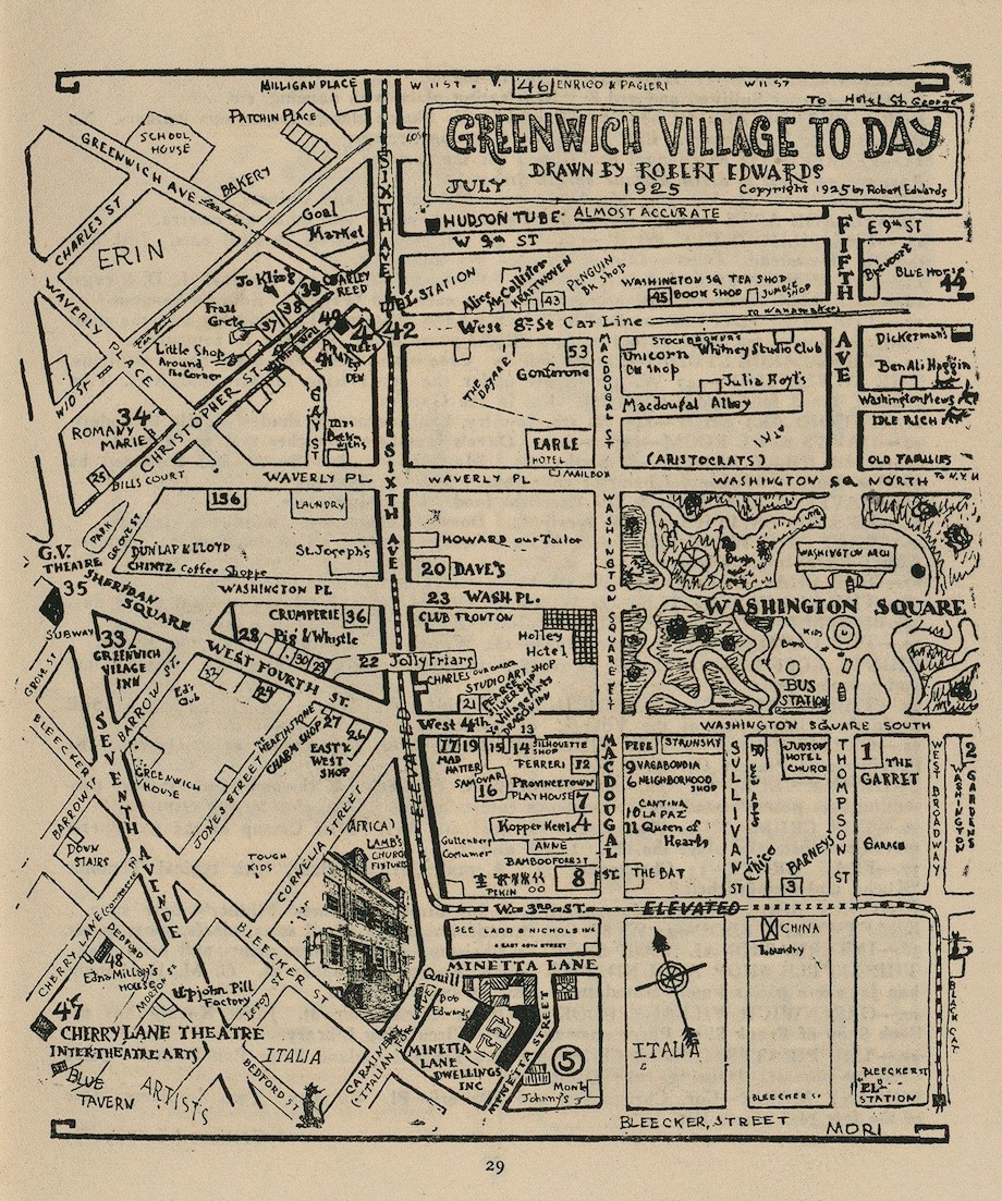 Greenwich Village: A hand-drawn map of its notable features in 1925.
