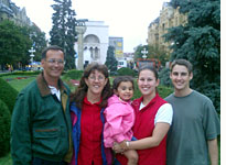 The Heisey family poses with Larissa in downtown Timisoara